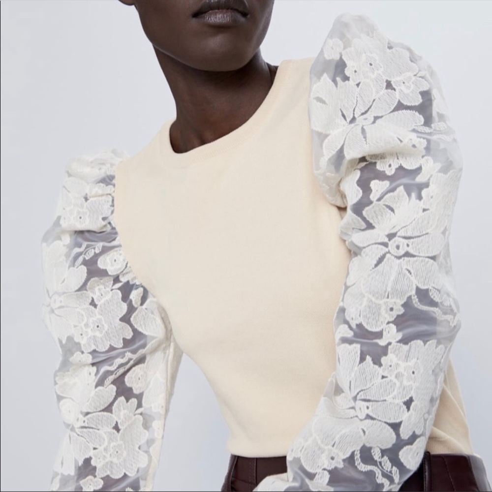 ZARA NEW KNIT CONTRAST SLEEVE SWEATER SEMI-SHEER FLORAL SLEEVES Small
